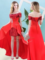 Custom Design Red Lace Up Off The Shoulder Beading Dress for Prom Elastic Woven Satin and Sequined Short Sleeves
