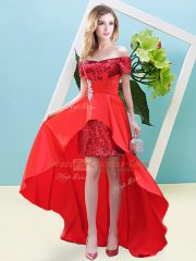 Custom Design Red Lace Up Off The Shoulder Beading Dress for Prom Elastic Woven Satin and Sequined Short Sleeves