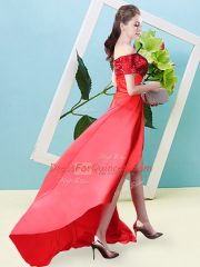 Custom Design Red Lace Up Off The Shoulder Beading Dress for Prom Elastic Woven Satin and Sequined Short Sleeves