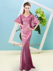 Simple Sequined Half Sleeves Floor Length Homecoming Dress and Sequins