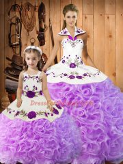 Lilac Satin and Fabric With Rolling Flowers Lace Up Halter Top Sleeveless Floor Length Sweet 16 Dress Embroidery