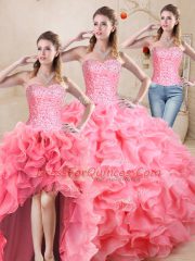 Sleeveless Organza Floor Length Lace Up Vestidos de Quinceanera in Watermelon Red with Beading and Ruffles