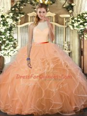Discount High-neck Sleeveless Tulle Ball Gown Prom Dress Ruffles Backless
