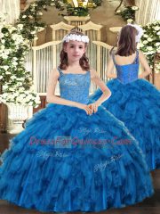Edgy Teal Lace Up Quinceanera Gown Beading and Ruffles Sleeveless Floor Length