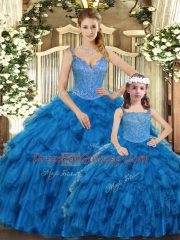 Edgy Teal Lace Up Quinceanera Gown Beading and Ruffles Sleeveless Floor Length
