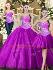 Floor Length Lace Up Ball Gown Prom Dress Fuchsia for Military Ball and Sweet 16 and Quinceanera with Beading