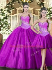 Floor Length Lace Up Ball Gown Prom Dress Fuchsia for Military Ball and Sweet 16 and Quinceanera with Beading