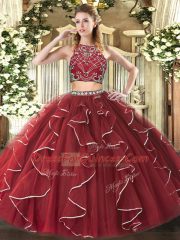 Burgundy Tulle Zipper Sweet 16 Dresses Sleeveless Floor Length Beading and Ruffles