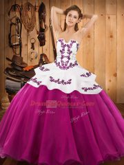 Hot Sale Fuchsia Lace Up 15th Birthday Dress Embroidery Sleeveless Floor Length