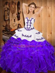 Popular White And Purple Strapless Lace Up Embroidery and Ruffles Quince Ball Gowns Sleeveless