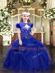 Customized Royal Blue Ball Gowns Beading and Ruffles Pageant Dress Toddler Lace Up Tulle Sleeveless Floor Length