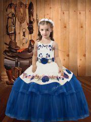 Fashionable Sleeveless Floor Length Embroidery and Ruffled Layers Lace Up Pageant Gowns with Blue