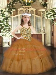 Wonderful Brown Sleeveless Beading and Ruffled Layers Floor Length Little Girls Pageant Gowns