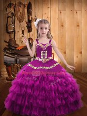 Cheap Floor Length Fuchsia Pageant Gowns Organza Sleeveless Embroidery and Ruffled Layers