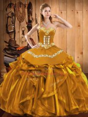 Embroidery and Ruffles Ball Gown Prom Dress Gold Lace Up Sleeveless Floor Length