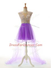 Beauteous Eggplant Purple Scoop Neckline Appliques Prom Dress Sleeveless Backless