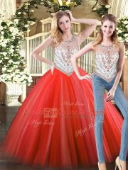 Coral Red Sleeveless Tulle Zipper Sweet 16 Dresses for Military Ball and Sweet 16 and Quinceanera