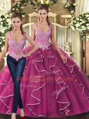 Dazzling Beading and Ruffles Quinceanera Dresses Fuchsia Lace Up Sleeveless Floor Length