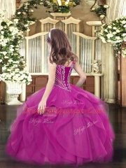 High End Eggplant Purple Zipper V-neck Beading and Ruffles Little Girl Pageant Dress Tulle Sleeveless