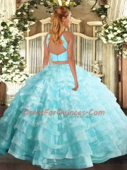 Elegant Light Blue Two Pieces Organza Halter Top Sleeveless Beading and Ruffled Layers Floor Length Backless Vestidos de Quinceanera