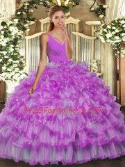 Elegant V-neck Sleeveless Backless Sweet 16 Quinceanera Dress Lilac Organza