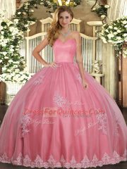 Decent Watermelon Red Ball Gowns Tulle Sweetheart Sleeveless Beading and Appliques Floor Length Lace Up Sweet 16 Quinceanera Dress