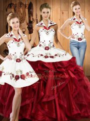 Unique Embroidery and Ruffles Vestidos de Quinceanera Wine Red Lace Up Sleeveless Floor Length