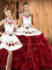 Unique Embroidery and Ruffles Vestidos de Quinceanera Wine Red Lace Up Sleeveless Floor Length