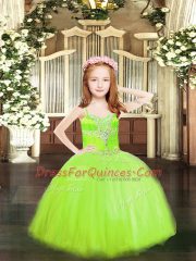 Beautiful Spaghetti Straps Sleeveless Little Girl Pageant Dress Floor Length Beading Yellow Green Tulle