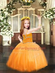 Beautiful Spaghetti Straps Sleeveless Little Girl Pageant Dress Floor Length Beading Yellow Green Tulle