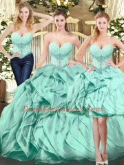 Sleeveless Organza Floor Length Lace Up Sweet 16 Dress in Apple Green with Beading and Ruffles