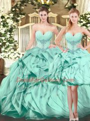Sleeveless Organza Floor Length Lace Up Sweet 16 Dress in Apple Green with Beading and Ruffles