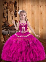 Pretty Fuchsia Straps Lace Up Embroidery and Ruffles Evening Gowns Sleeveless