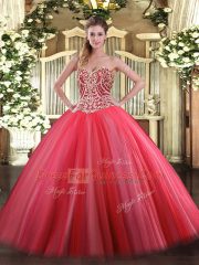 Inexpensive Coral Red Sleeveless Beading Floor Length Sweet 16 Dresses