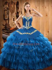 Floor Length Blue Quinceanera Gown Satin and Organza Sleeveless Embroidery and Ruffled Layers