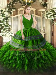 Simple Green Backless V-neck Beading and Lace and Ruffles Quinceanera Gowns Organza Sleeveless