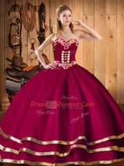 Artistic Wine Red Lace Up Sweetheart Embroidery and Ruffles Quinceanera Gown Organza Sleeveless