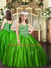 Green Lace Up Straps Beading Little Girls Pageant Dress Satin Sleeveless