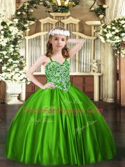 Green Lace Up Straps Beading Little Girls Pageant Dress Satin Sleeveless