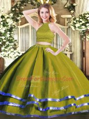 Floor Length Olive Green Sweet 16 Dresses Tulle Sleeveless Beading