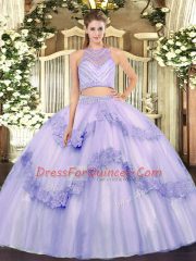 Lavender Sleeveless Floor Length Beading and Appliques Zipper Quinceanera Gowns