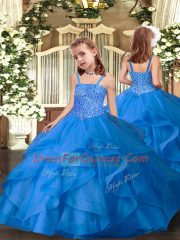 Affordable Blue Straps Lace Up Beading and Ruffles Little Girls Pageant Dress Wholesale Sleeveless