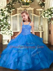 Affordable Blue Straps Lace Up Beading and Ruffles Little Girls Pageant Dress Wholesale Sleeveless