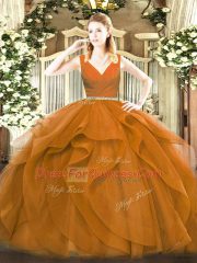 Shining Tulle V-neck Sleeveless Zipper Beading and Ruffles Sweet 16 Quinceanera Dress in Brown