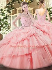 Flare Floor Length Baby Pink Quinceanera Dresses Tulle Sleeveless Beading and Ruffles and Pick Ups