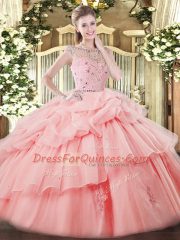 Flare Floor Length Baby Pink Quinceanera Dresses Tulle Sleeveless Beading and Ruffles and Pick Ups