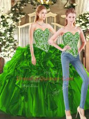 Custom Designed Dark Green Sweetheart Lace Up Beading and Ruffles Sweet 16 Dress Sleeveless