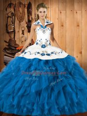 Perfect Floor Length Teal Ball Gown Prom Dress Halter Top Sleeveless Lace Up