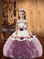 Sweet Multi-color Lace Up Straps Embroidery and Ruffles Little Girl Pageant Gowns Fabric With Rolling Flowers Sleeveless
