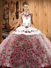 High Quality Multi-color Lace Up Halter Top Embroidery Ball Gown Prom Dress Fabric With Rolling Flowers Sleeveless Sweep Train